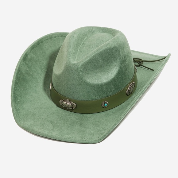 Accessories - Casey Faux Green Suede Cowboy Hat With Concho Band